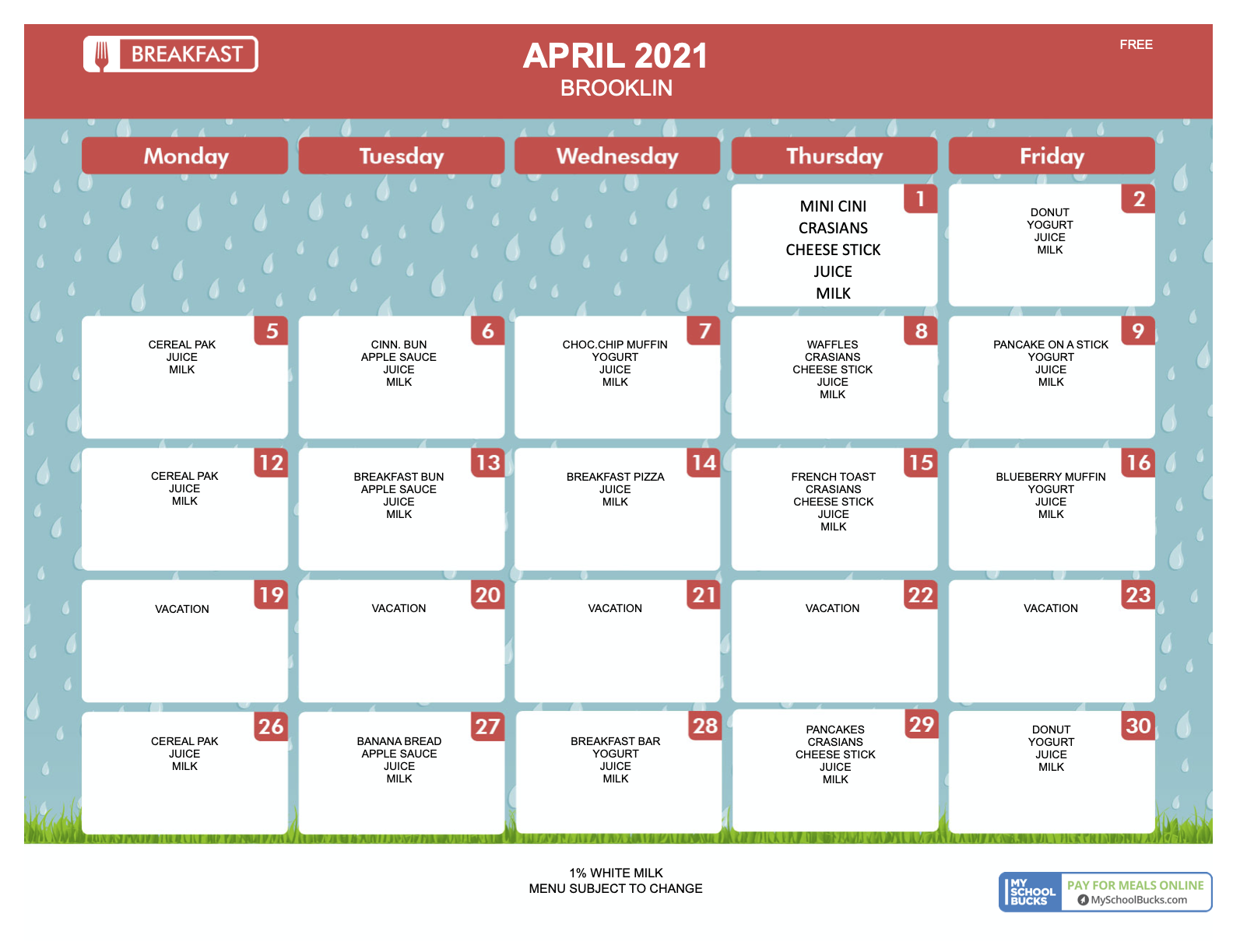 April Menu - Brooklin School